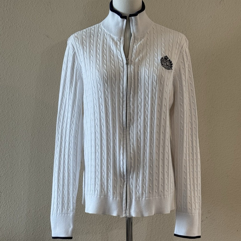 Lauren Ralph Lauren Cable Knit Zip Sweater XL White Navy Crest Cotton